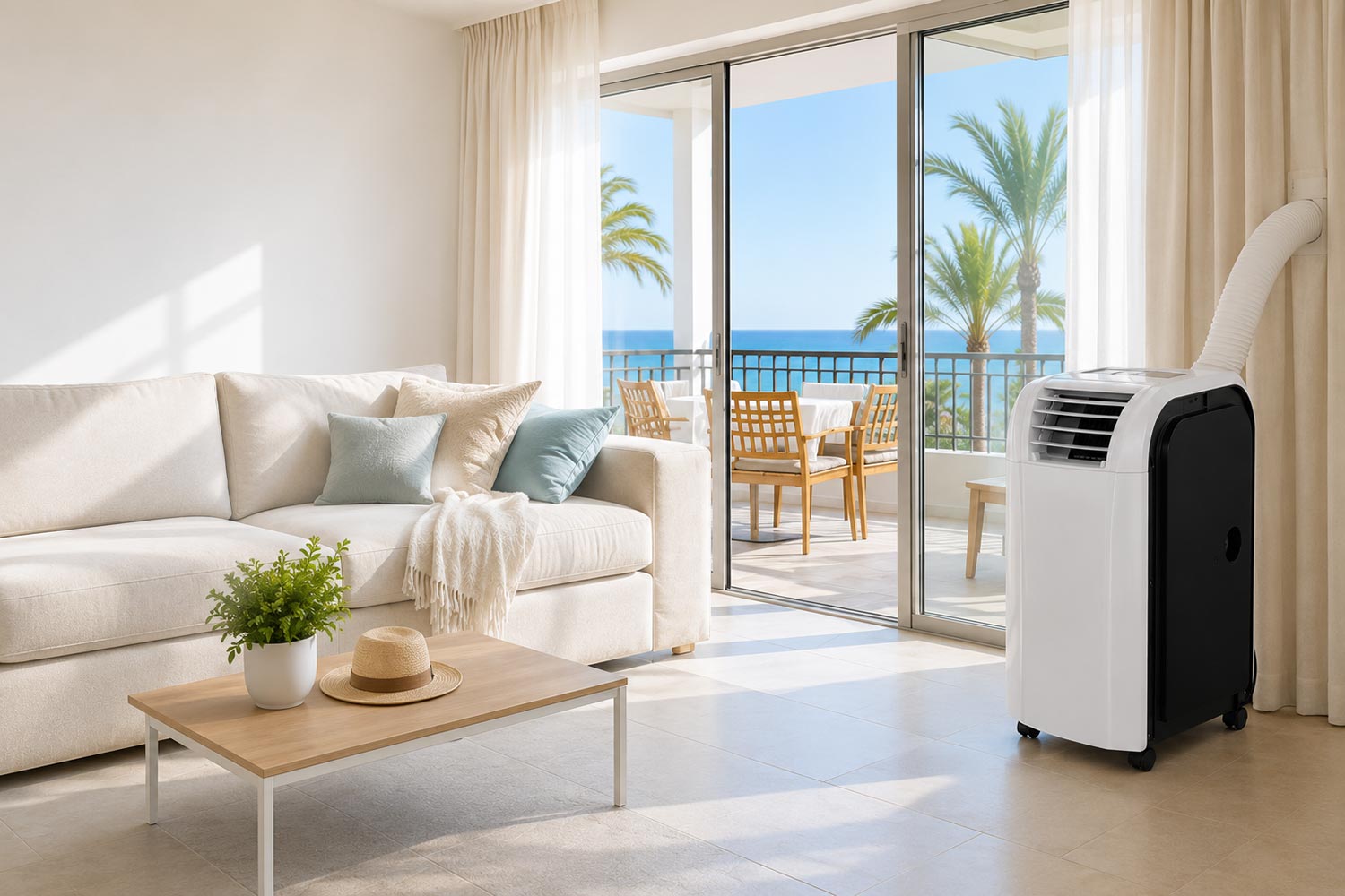 Portable air conditioner in a holiday apartment overlooking the sea in Tenerife