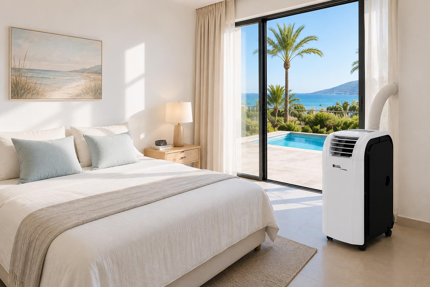 Fral SC14 portable air conditioner cooling a luxury villa bedroom in Tenerife